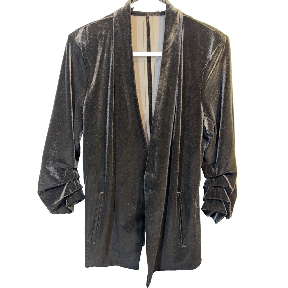 Bishop + Young Icon Blazer large Black Velvet Ruched Sleeves Whimsigoth Dark Fem